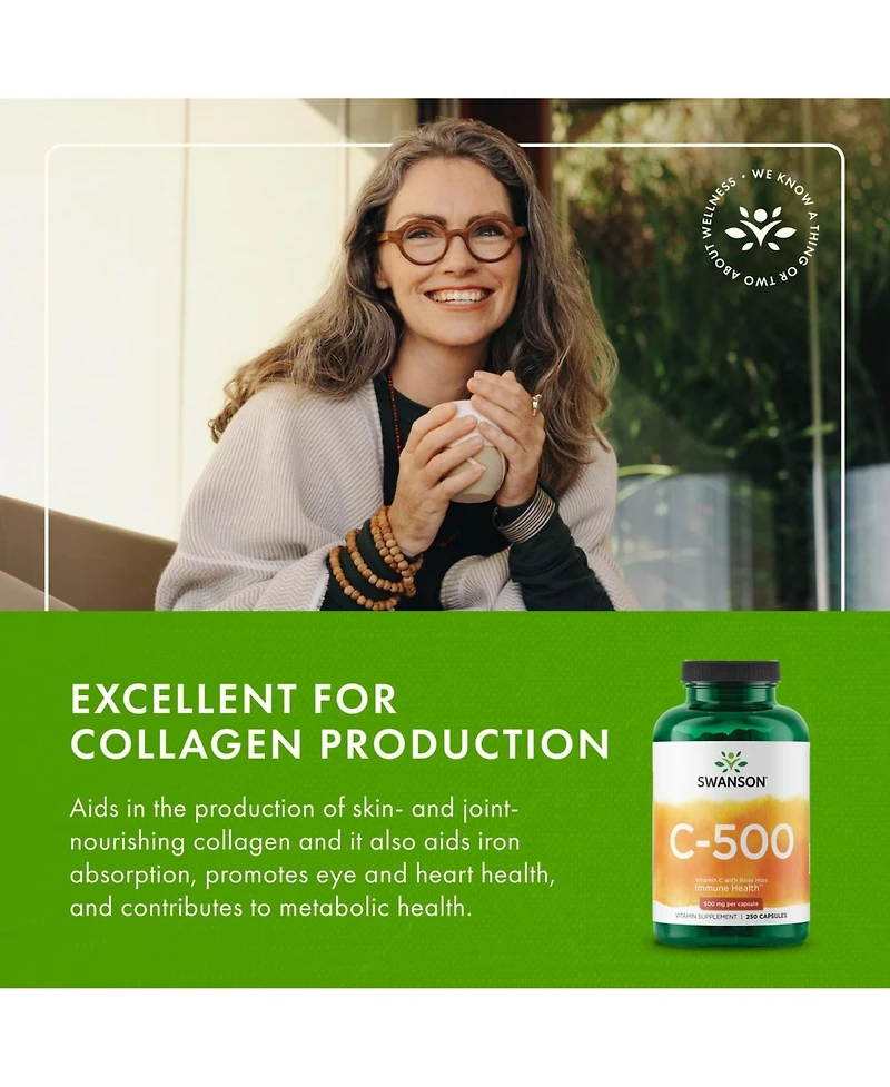 Swanson Vitamin C 500 Herbal Supplement for Skin, Heart and Immune Support quality Formula for Defense and Wellness 250 Capsules, 500 Milligram Each