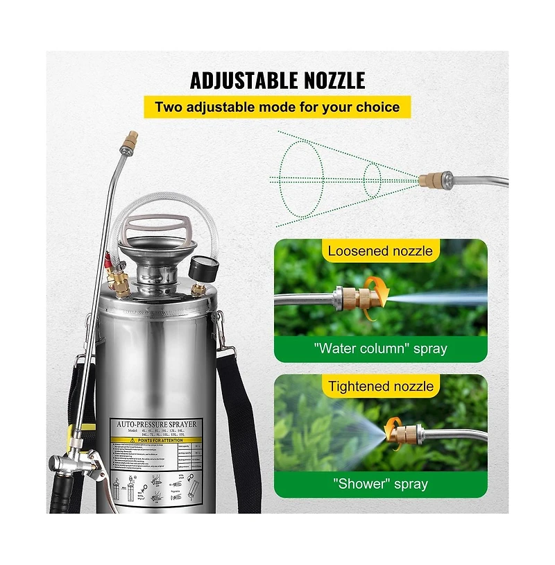 Sugift 3 Gallon Stainless Steel Hand Pump Sprayer with 20 in Wand and 3 ft Reinforced Hose
