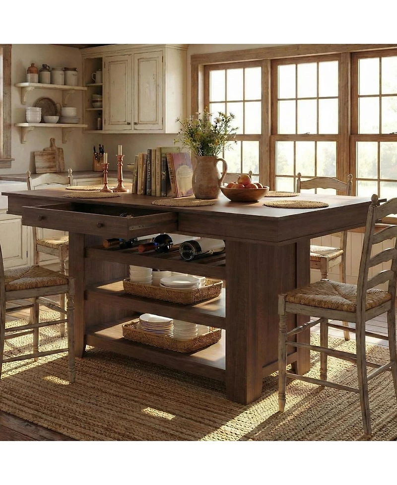 homfan Counter Height Dining Table with 2 Drawers, Wine Rack and 3 Shelves