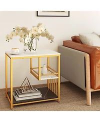 Gymax End Table 3-Tier Faux Marble Side Table Storage Shelves Luxury Rectangular Sofa Side Table