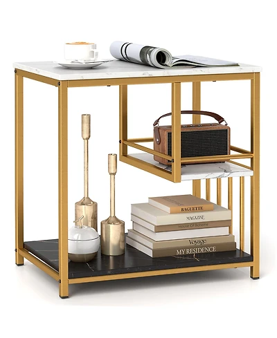 Gymax End Table 3-Tier Faux Marble Side Table Storage Shelves Luxury Rectangular Sofa Side Table