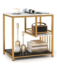 Gymax End Table 3-Tier Faux Marble Side Table Storage Shelves Luxury Rectangular Sofa Side Table