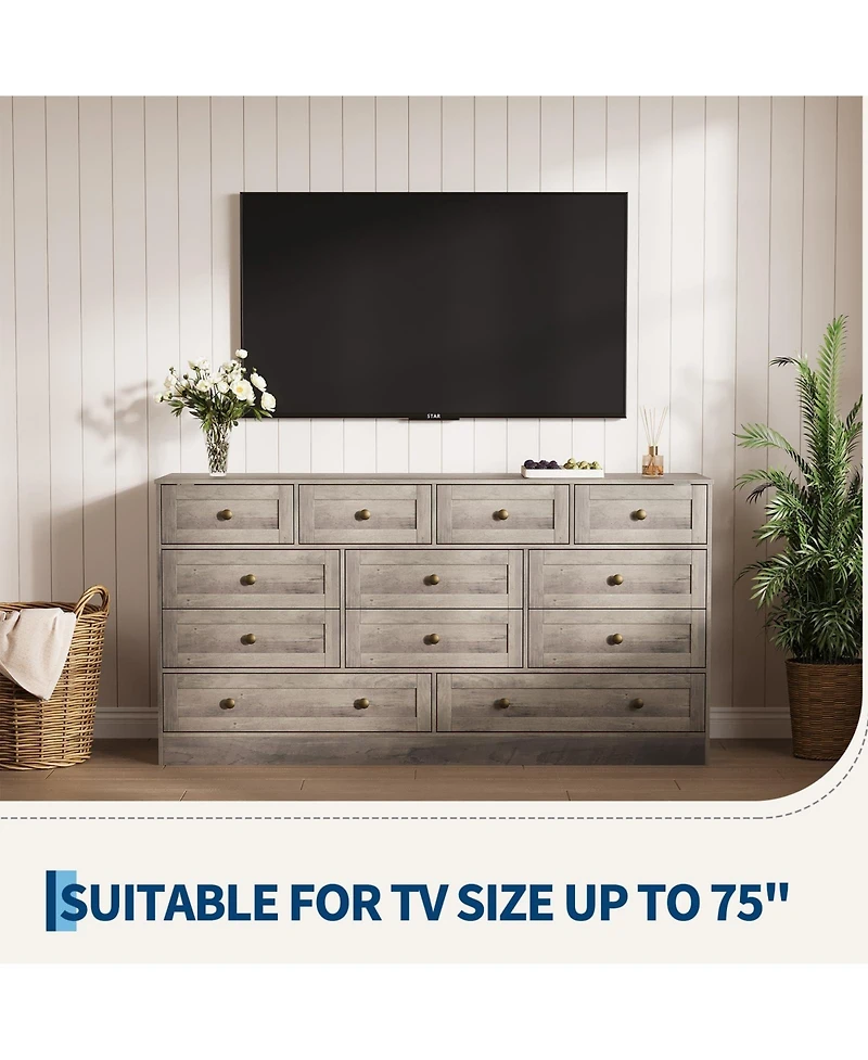 gaomon 12 Drawer Wide Wood Dresser for Bedroom, 65" Tv Stand Storage Cabinet Clothes Organizer for Living Room
