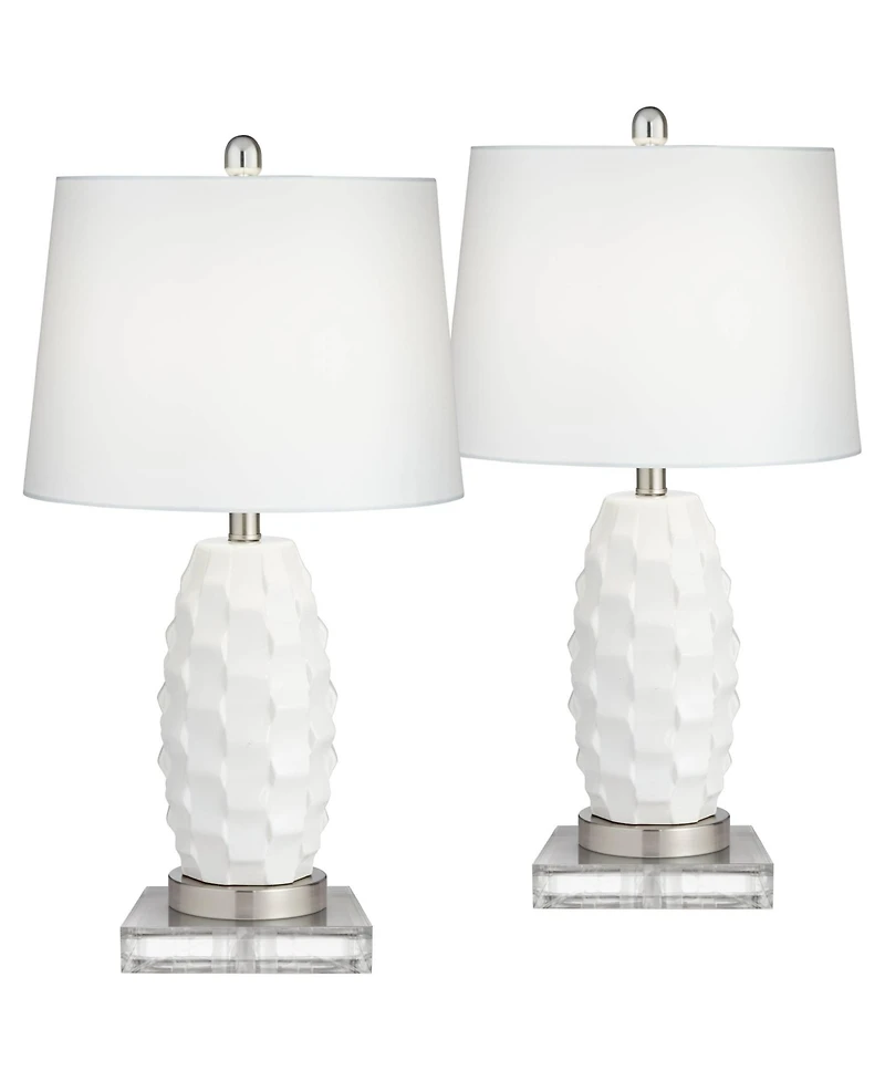 360 Lighting Modern Coastal Table Lamps 25.25 Inches High Set of 2 Led with Square Risers Usb Port Dimmer Ceramic Drum Shade for Living Room
