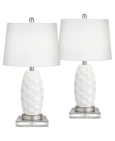 360 Lighting Modern Coastal Table Lamps 25.25 Inches High Set of 2 Led with Square Risers Usb Port Dimmer Ceramic Drum Shade for Living Room