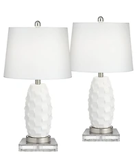 360 Lighting Modern Coastal Table Lamps 25.25 Inches High Set of 2 Led with Square Risers Usb Port Dimmer Ceramic Drum Shade for Living Room