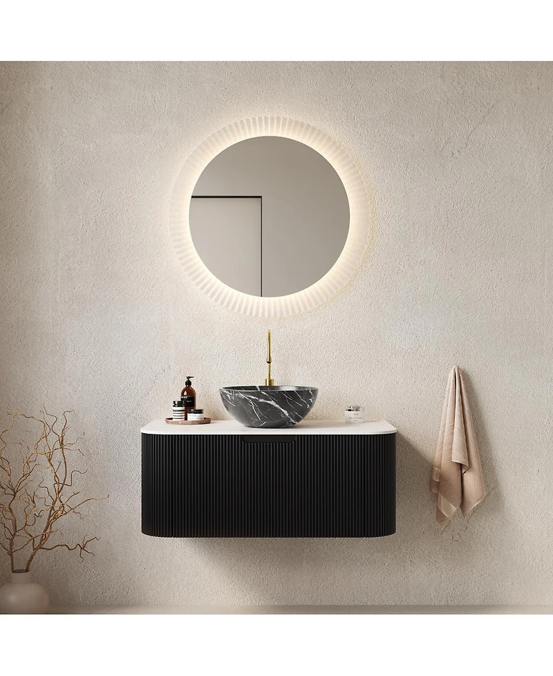 Sillysis Wall Mounted Bathroom Vanity, Artificial Marble Top with Bowl Sink, Striped Plywood Cabinet