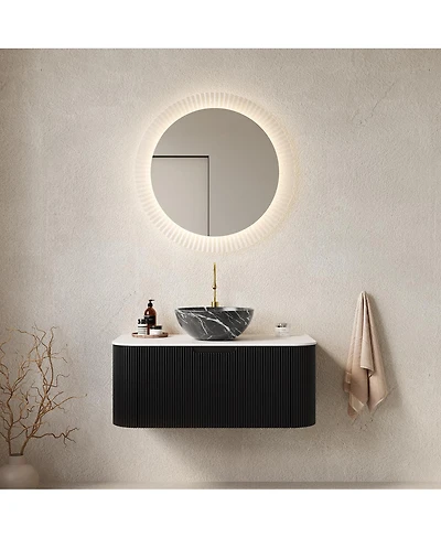 Sillysis Wall Mounted Bathroom Vanity, Artificial Marble Top with Bowl Sink, Striped Plywood Cabinet, Pre-assembled