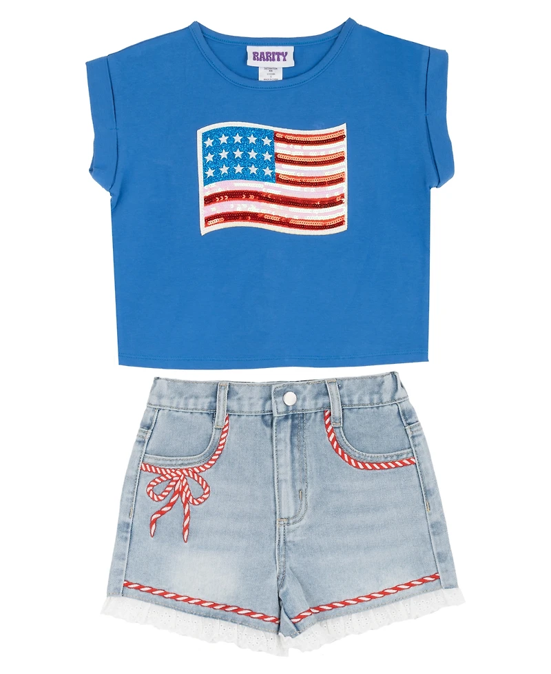 Rare Editions Girls' 2T-6X Knitted Short-Sleeve T-Shirt and Denim Shorts, 2-Piece Set