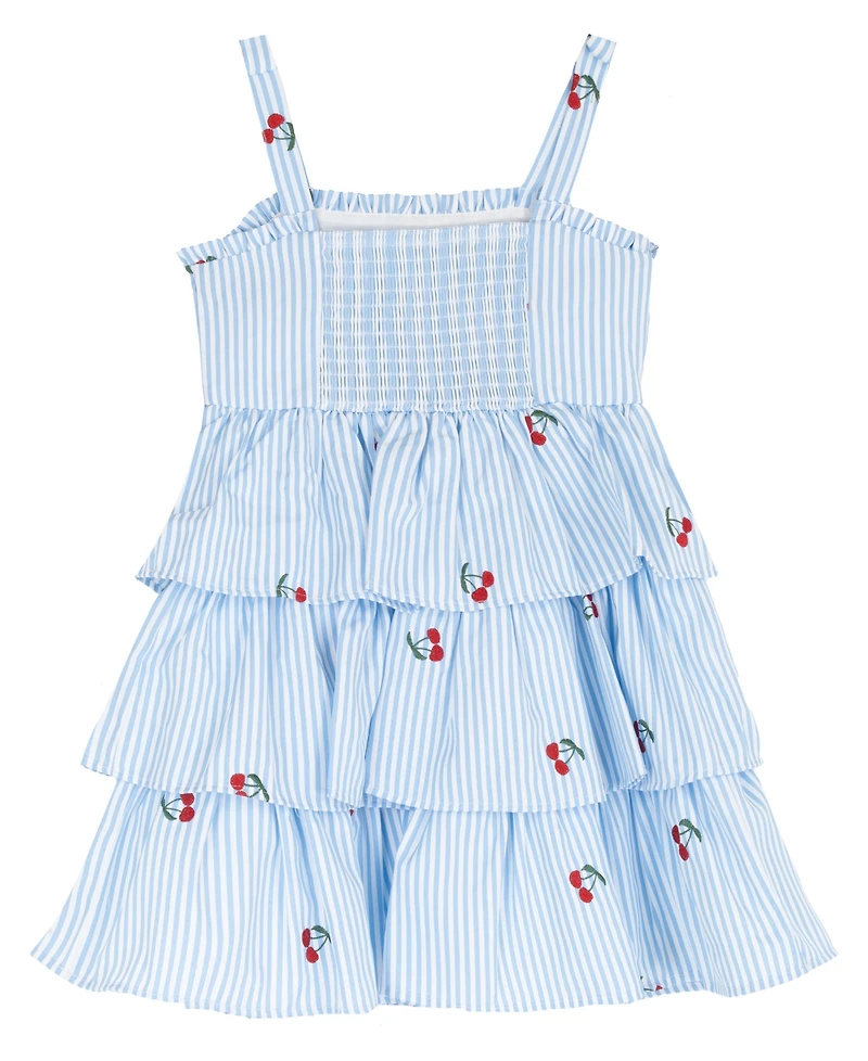 Rare Editions Girls' 2-6X Seersucker Gingham Cherry Embroidered 3 Tier Short Dress