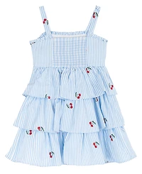 Rare Editions Girls' 2-6X Seersucker Gingham Cherry Embroidered 3 Tier Short Dress