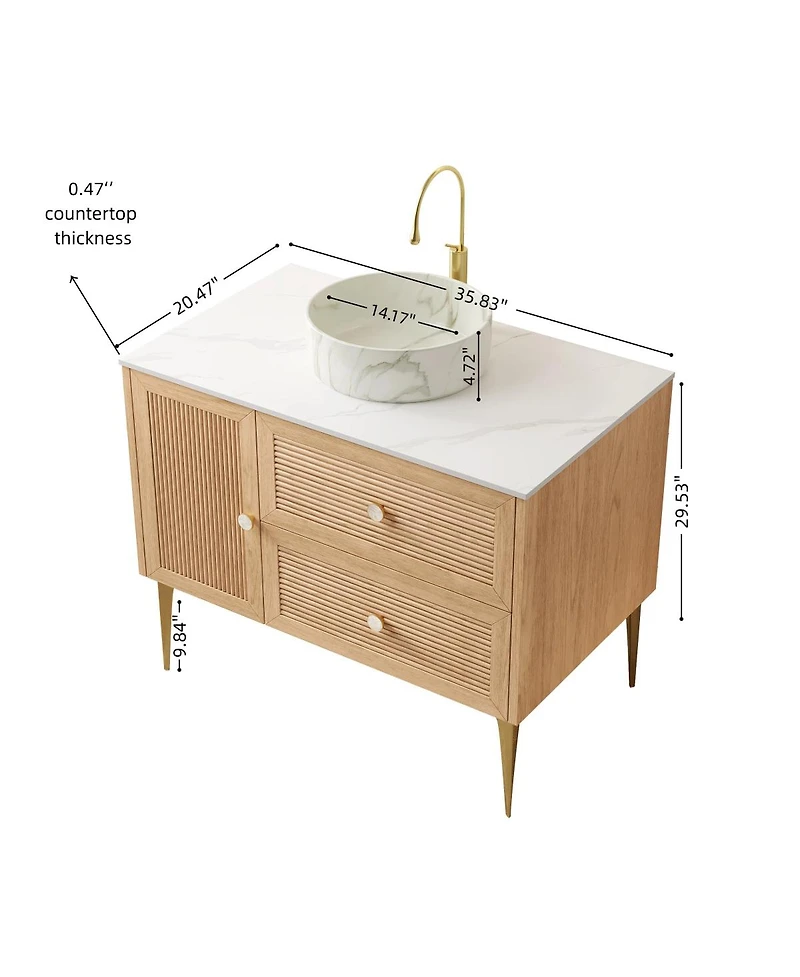Sillysis Modern Bathroom Vanity with Round Ceramic Basin, Carrara Sintered Stone Countertop, 2 Drawers and 1 Door