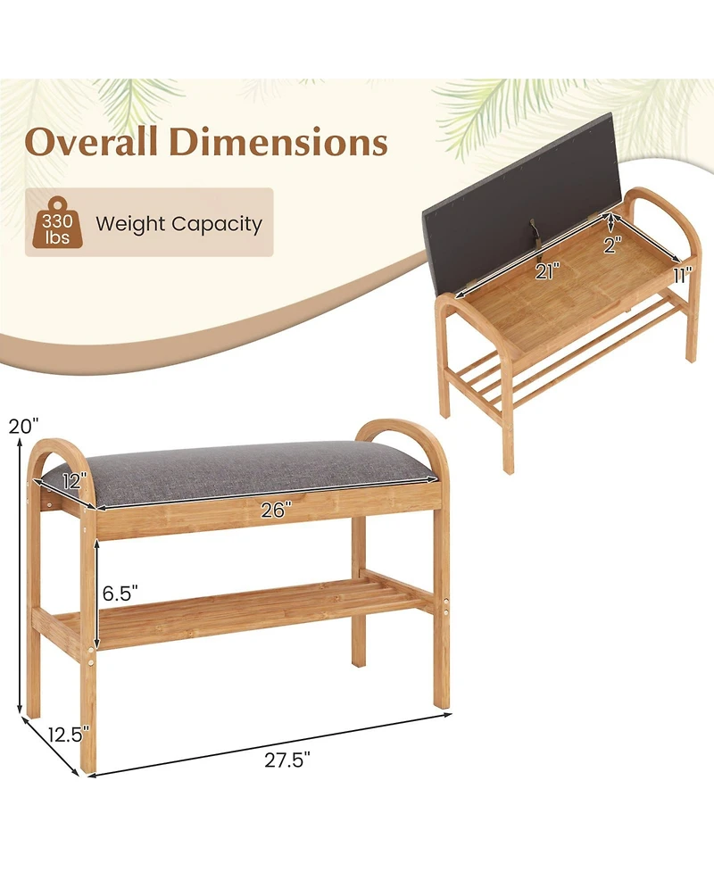 Slickblue Wicker Shoe Bench with Cushion and 2 Tier Storage Rack