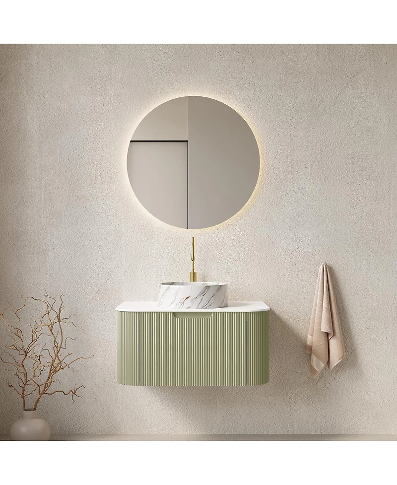 Sillysis Wall Mounted Bathroom Vanity, Artificial Marble Top with Round Ceramic Basin, 3D Striped Plywood Cabinet