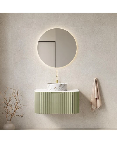 Sillysis Wall Mounted Bathroom Vanity, Artificial Marble Top with Round Ceramic Basin, 3D Striped Plywood Cabinet