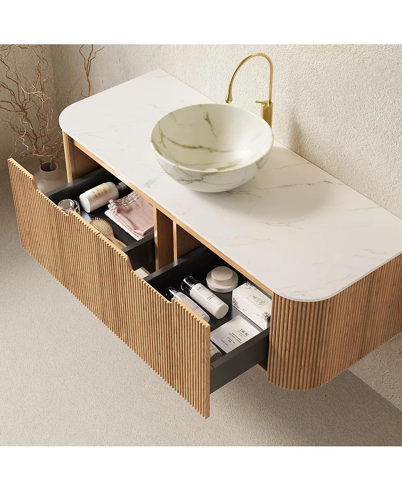 Sillysis Wall Mounted Bathroom Vanity with Sintered Stone Top, Ceramic Basin, Soft Close Drawer