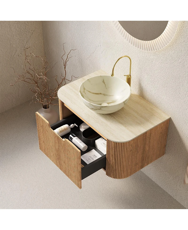 Sillysis Wall Mounted Bathroom Vanity with Sintered Stone Top, Ceramic Bowl Sink, Soft Close Drawer
