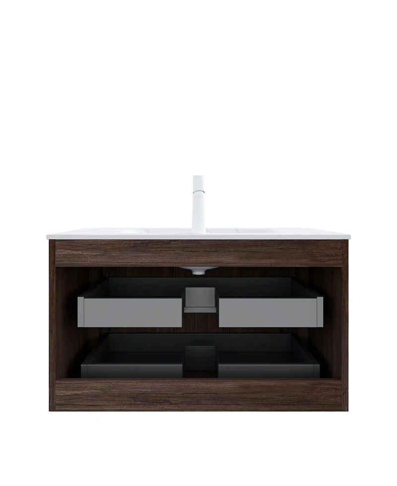 Sillysis Inches Modern Walnut Wall Mounted Bathroom Vanity, Sintered Stone Basin, Soft Close Drawers Large Storage