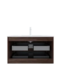 Sillysis Inches Modern Walnut Wall Mounted Bathroom Vanity, Sintered Stone Basin, Soft Close Drawers Large Storage