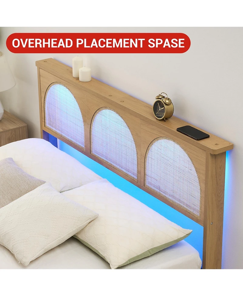 homfan Platform Bed with Rattan Headboard and Adjustable Rgb Led, Wood Slat Support, Noise-Reducing Design
