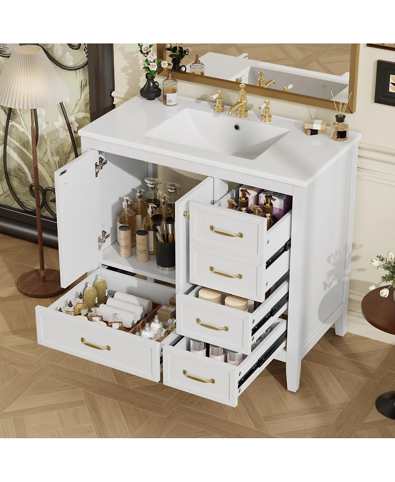 Sillysis 35.4 Inches Freestanding Bathroom Vanity with Sink, Soft Close Drawers, Multi-Tier Storage for Modern Bathrooms