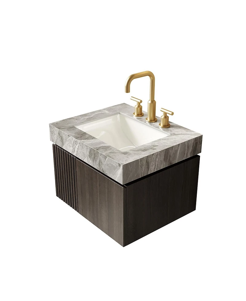 Sillysis 24 Inches Floating Bathroom Vanity with Italian Sintered Stone Top, Plywood Cabinet, 3 Hole Ceramic Sink, Soft Close Storage, Pre-assembled