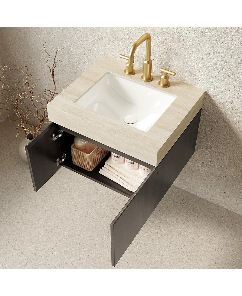 Sillysis 24 Inches Bathroom Vanity with Travertine Pattern Sintered Stone Top, Ceramic Undermount Sink, Soft Close Cabinet, Pre-assembled