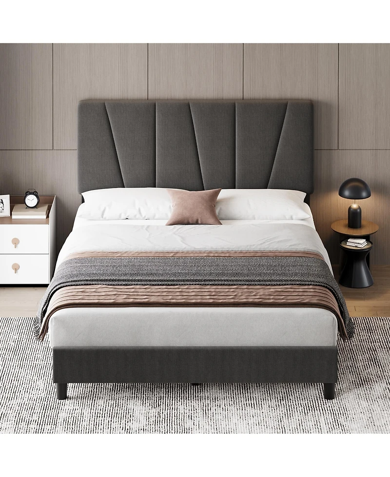 homfan Upholstered Platform Bed Frame with 3-Height Adjustable Headboard, Slat Support, No Box Spring Needed