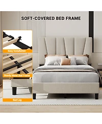 homfan Upholstered Platform Bed Frame with 3-Height Adjustable Headboard, Slat Support, No Box Spring Needed