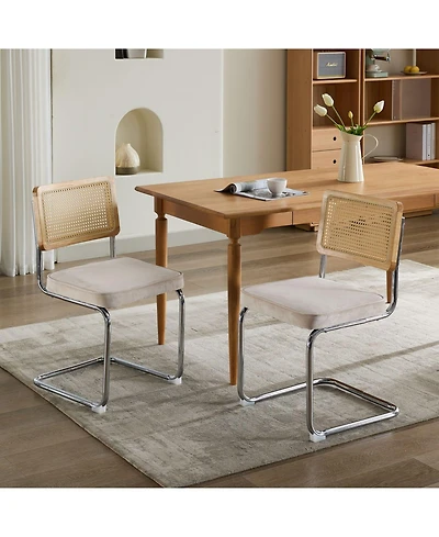 Clihome Mid Century Modern Dining Chairs Set of 2, Velvet Accent with Cane Back and Stainless Chrome Base, Famous Breuer Designed