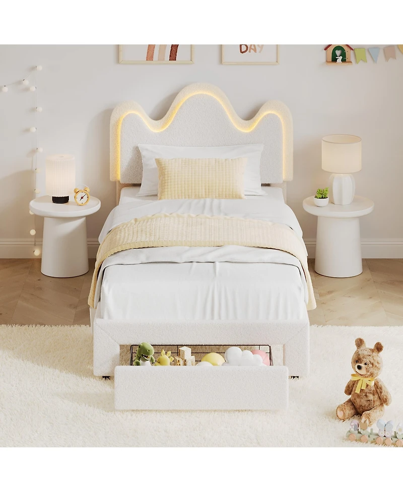 homfan Upholstered Led Platform Bed Frame with Flower Headboard and Storage Drawers, Wood Slat Support