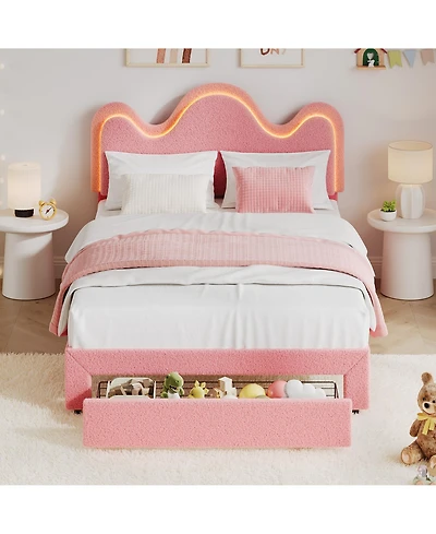 homfan Upholstered Led Platform Bed Frame with Flower Headboard and Storage Drawers, Wood Slat Support