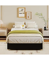 homfan Upholstered Low Platform Bed Frame with Round Wood Legs, No Headboard, Wood Slat Support