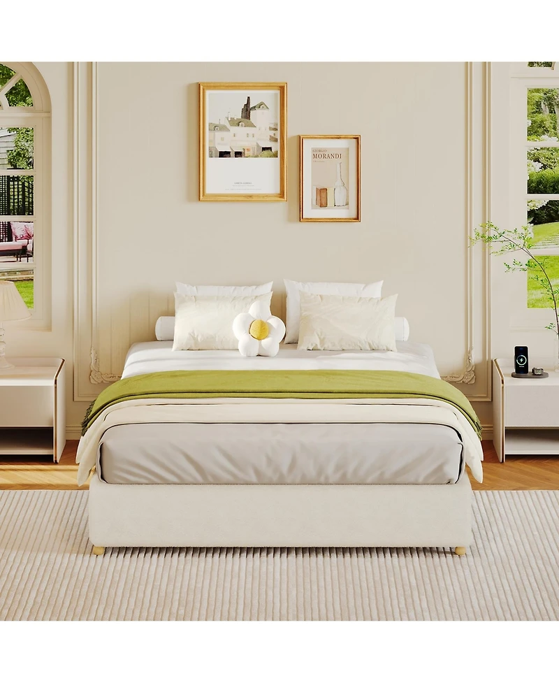 homfan Upholstered Low Platform Bed Frame with Round Wood Legs, No Headboard, Wood Slat Support