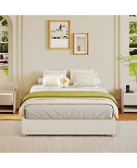 homfan Upholstered Low Platform Bed Frame with Round Wood Legs, No Headboard, Wood Slat Support