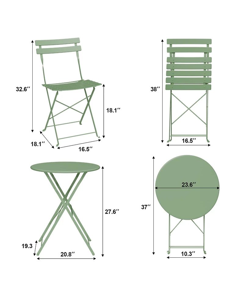homfan 3-Piece Folding Bistro Set with 1 Table and 2 Chairs, Metal Patio for Balcony, Porch, Lawn, Indoor Outdoor Use