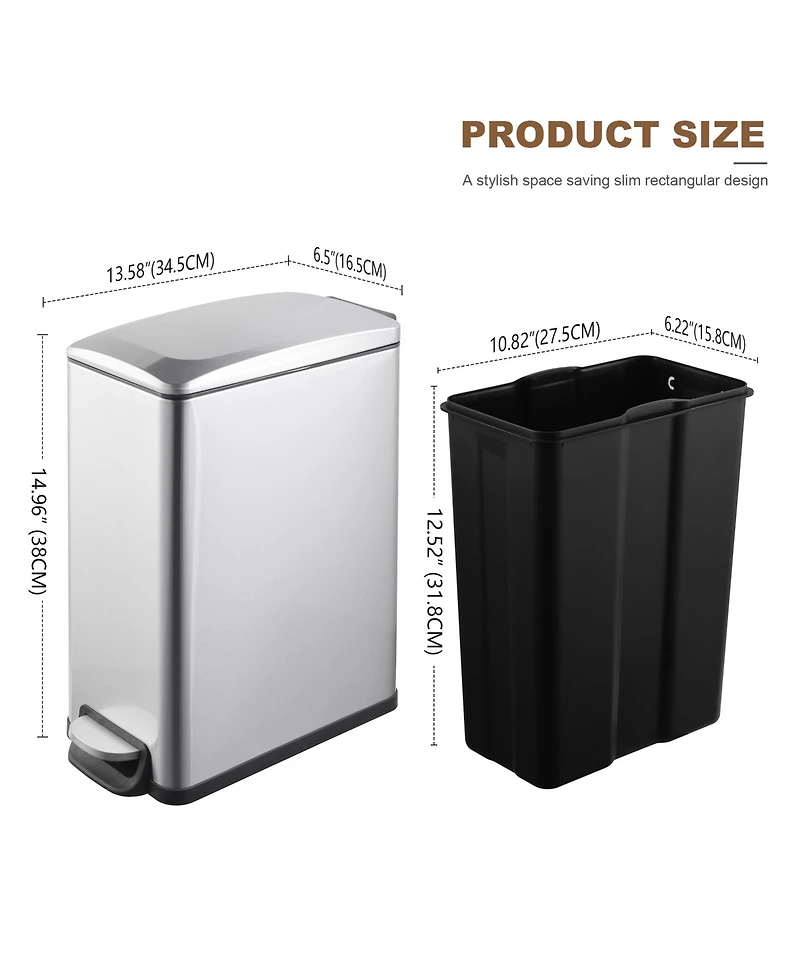 Mega Casa 2.6 Gal./10 Liter Slim Stainless Steel Step-on Trash Can for Bathroom and Office