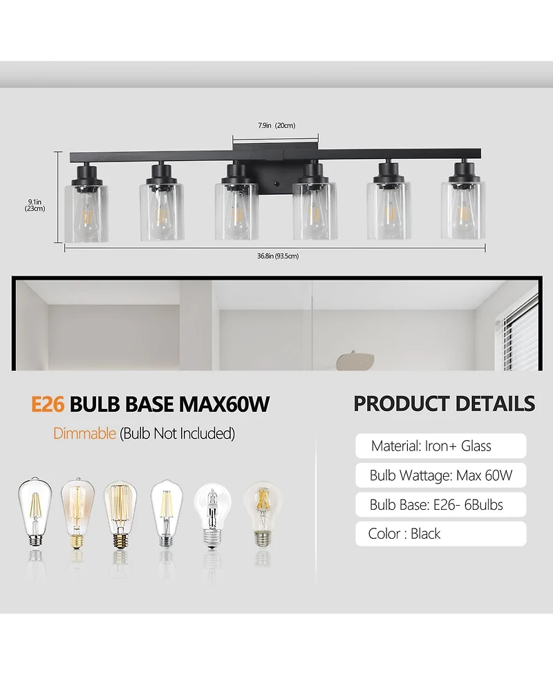Busdays 37 Inch Modern 6 Light Bathroom Vanity Light Fixture with Clear Glass Shades for Bathroom Vanity Dressing Area No Bulbs