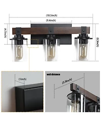 Busdays 19 Inch 3 Light Vanity Light Industrial Bathroom Wall Sconce with Glass Shades Wood Accent Modern Farmhouse Lighting Fixture No Bulbs