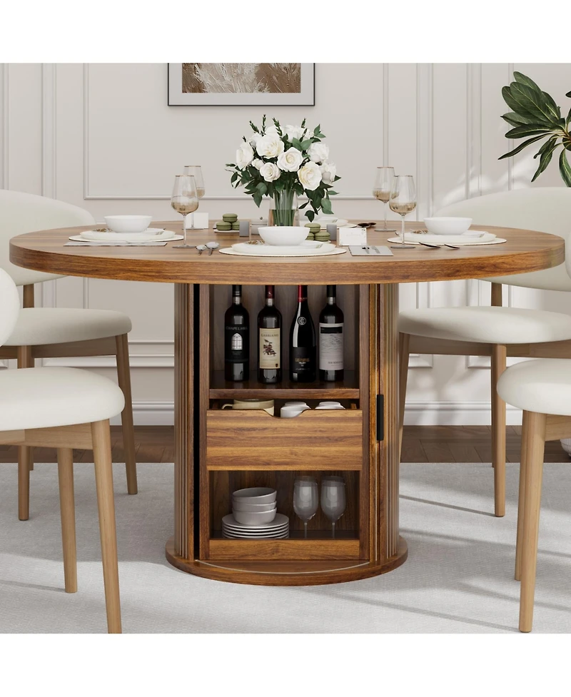 homfan 47 Round Dining Table with Storage Shelf and Drawer, Farmhouse Kitchen for 4-6, Easy Assembly, Only