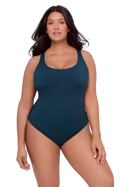 S3 Apparel Women's Smoothing and Sculpting Ribbed Scoop-Neck Crossback One-Piece Swimsuit