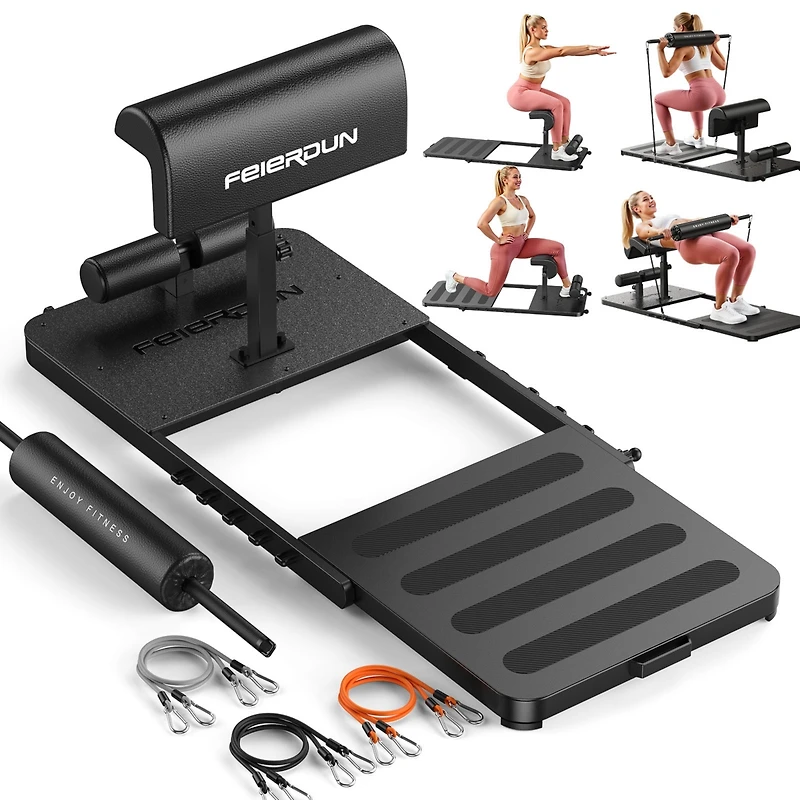 Fed Fitness 6-in-1 adjustable hip thrust machine with padded bar, resistance bands, and durable steel frame-ideal for glute, squat, and home workouts.