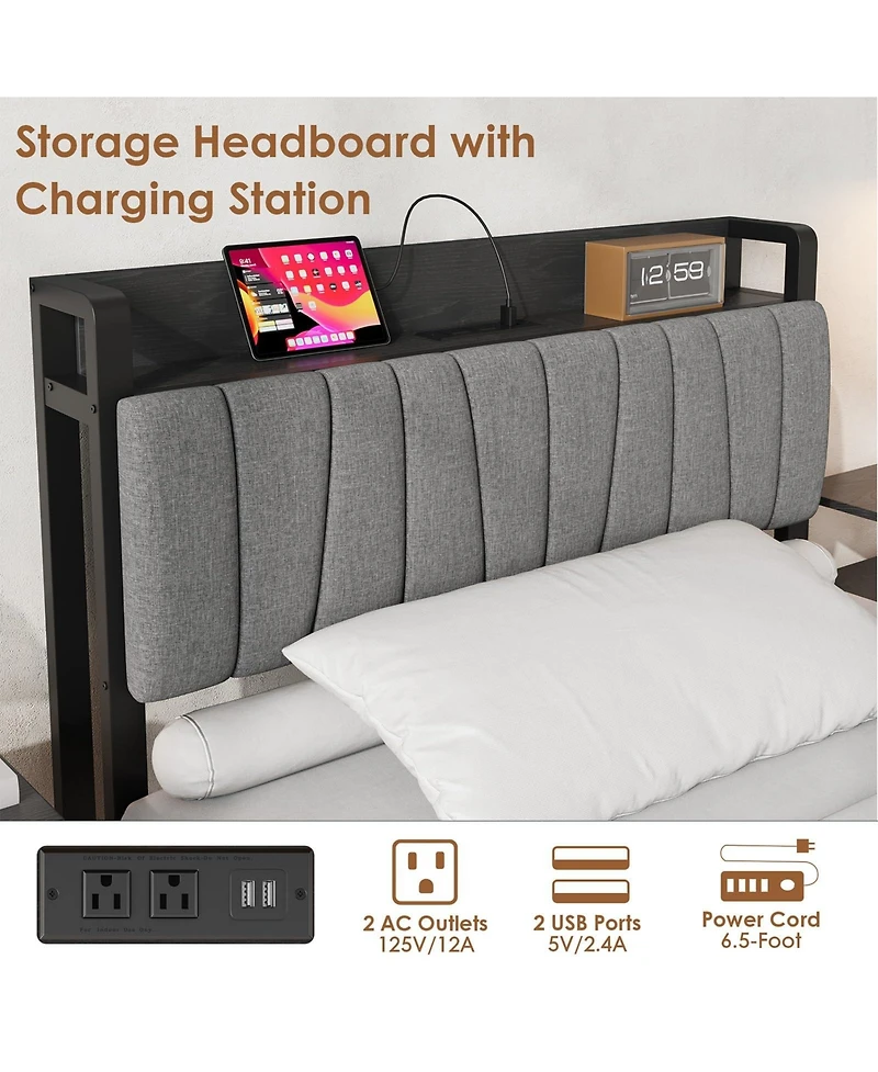 homfan Bed Frame with Storage Headboard, Platform Bed with Large Drawer and Charging Station