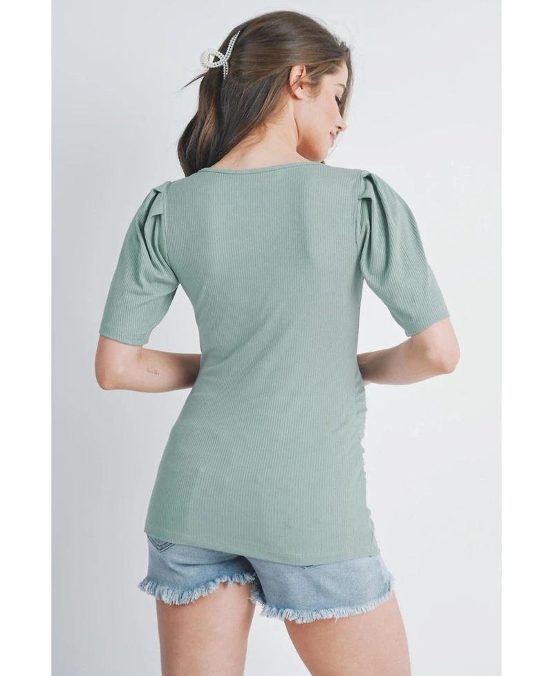 Hello Miz Maternity Ribbed Puff Sleeve Square Neck Top
