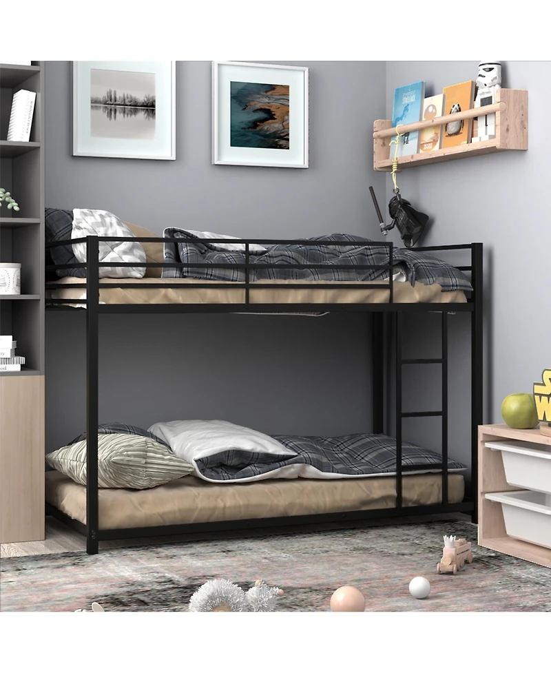 Gymax Bunk Bed Metal Platform Bed Frame W/ Guard Rails and Side Ladder