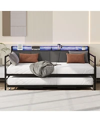 homfan Twin Daybed with Pop-Up Trundle, Linen Upholstered Storage Headboard, Led Lights and Charging Station