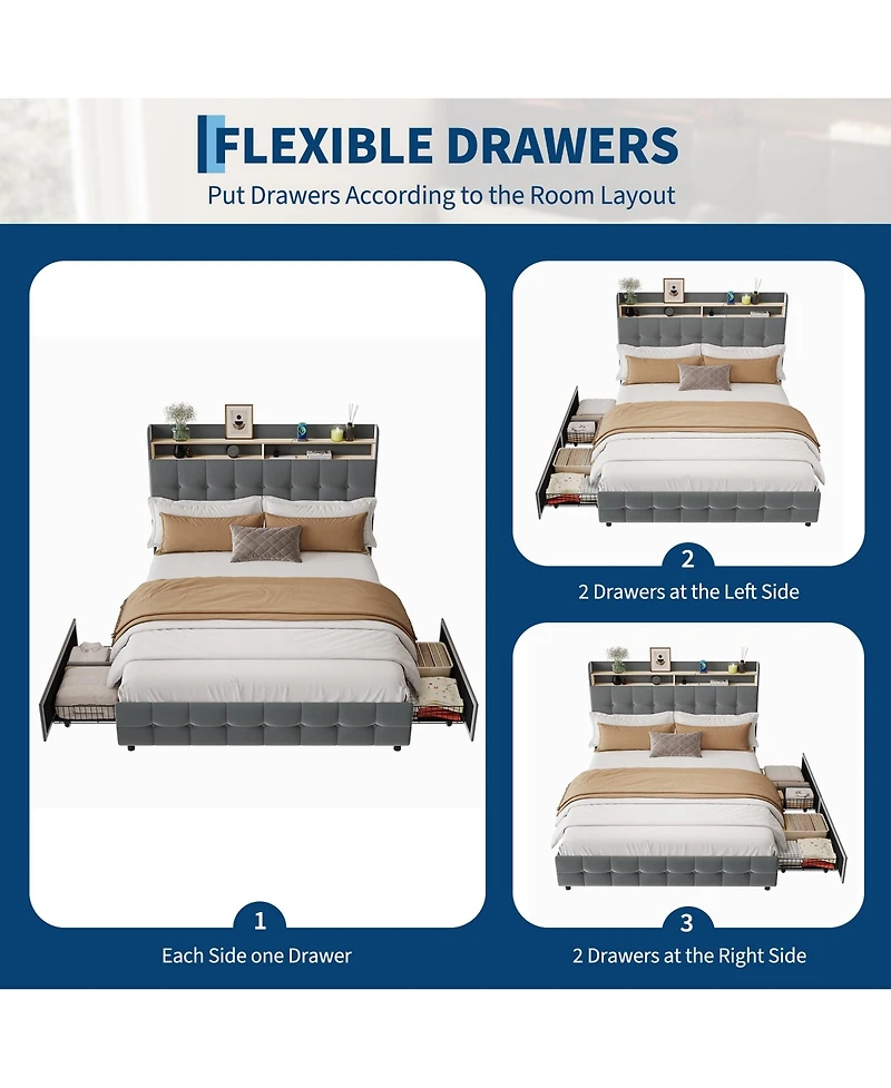 homfan Upholstered Bed Frame with Led Storage Headboard, Charging Station and 2 Drawers