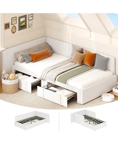 homfan Upholstered Daybed with 2 Storage Drawers, Adjustable Corner Bed Frame Extended Headboard and Guardrails