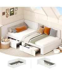 homfan Upholstered Daybed with 2 Storage Drawers, Adjustable Corner Bed Frame Extended Headboard and Guardrails