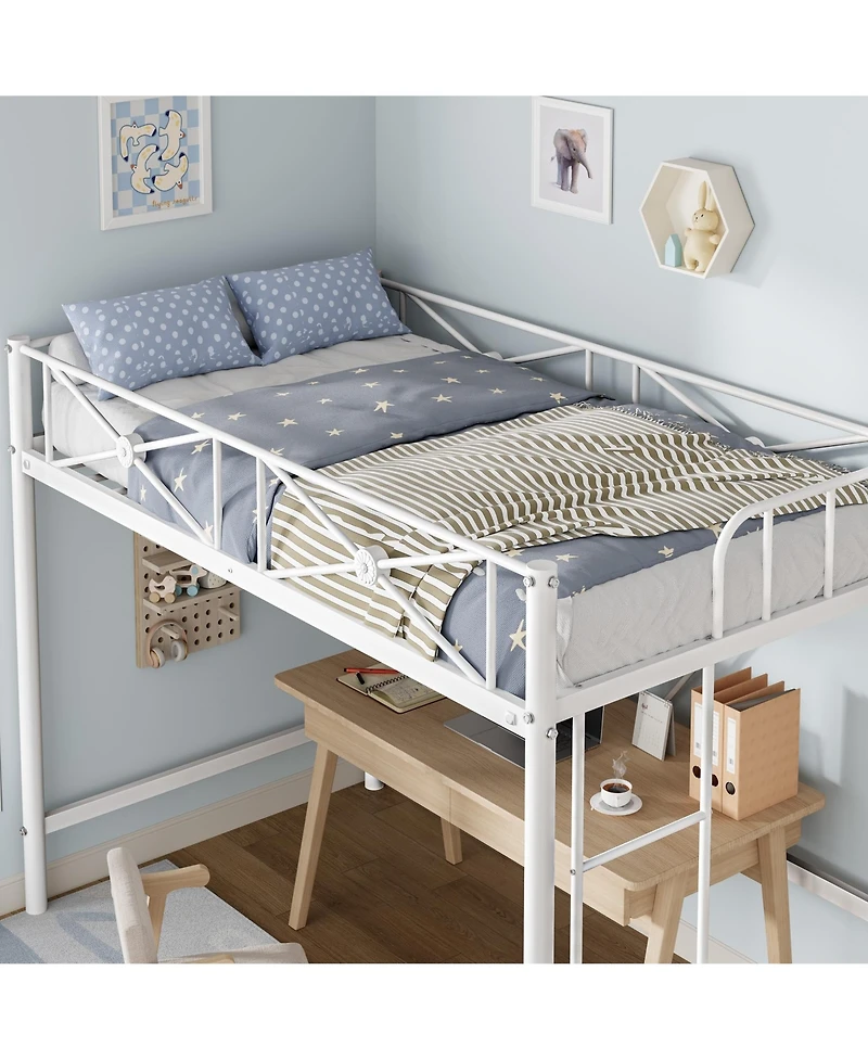 homfan Metal Loft Bed Frame with Ladder and 15.0 Guardrail, Space-Saving Steel Slats, No Box Spring Needed